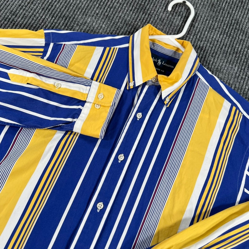 Ralph Lauren Shirt Mens Medium Blue Yellow Striped Long Sleeve Button Down Class